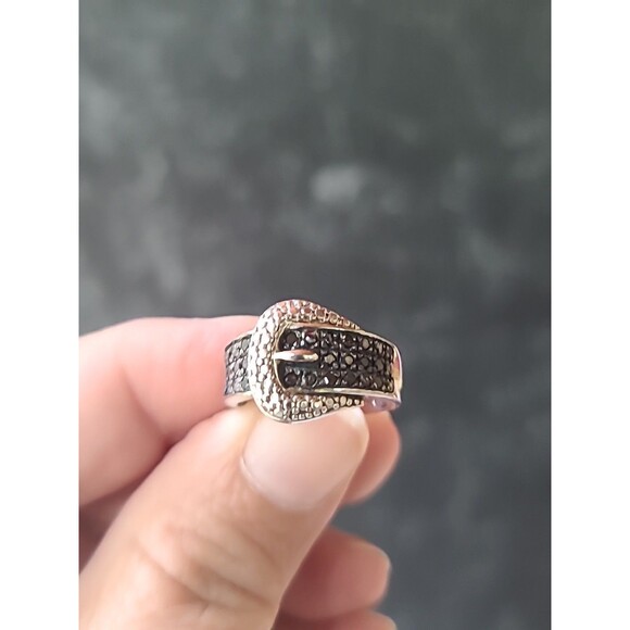 925 Sterling Silver Black Diamond Accent Buckle Ring Vintage, SIZE US 6 - Picture 3 of 10